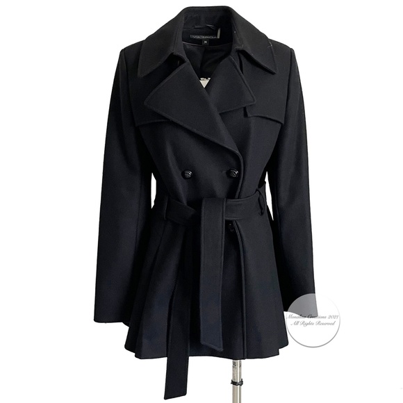 Via Spiga Coat & Belt Black Wool Blend Trench Double Breasted Pleated Hem 14 - Picture 1 of 8